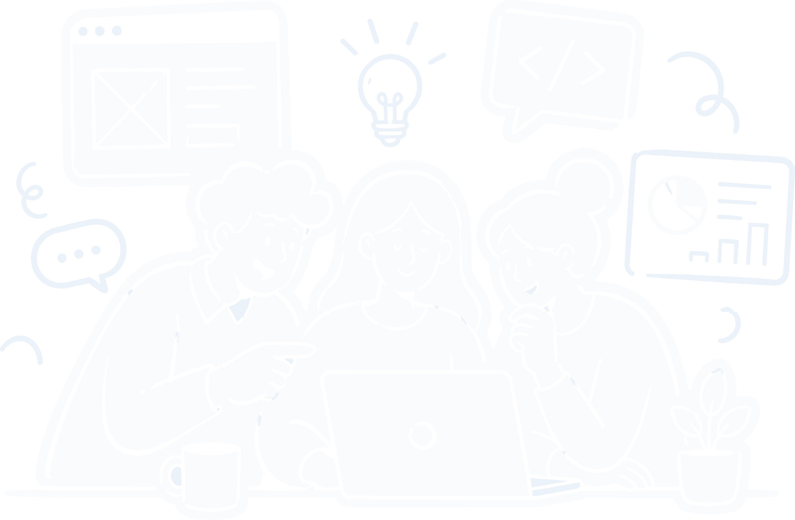 Illustration of BLUGLW team members collaborating together around a laptop with wireframe design, code, lightbulb idea, and analytics dashboard icons