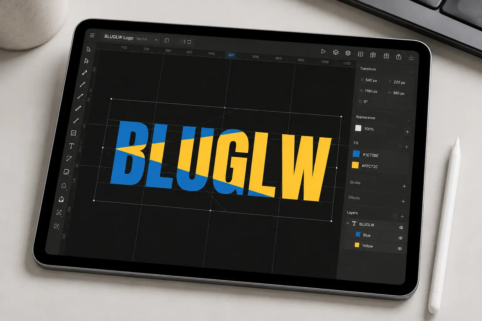 Laptop screen displaying custom BLUGLW vector logo design in design software