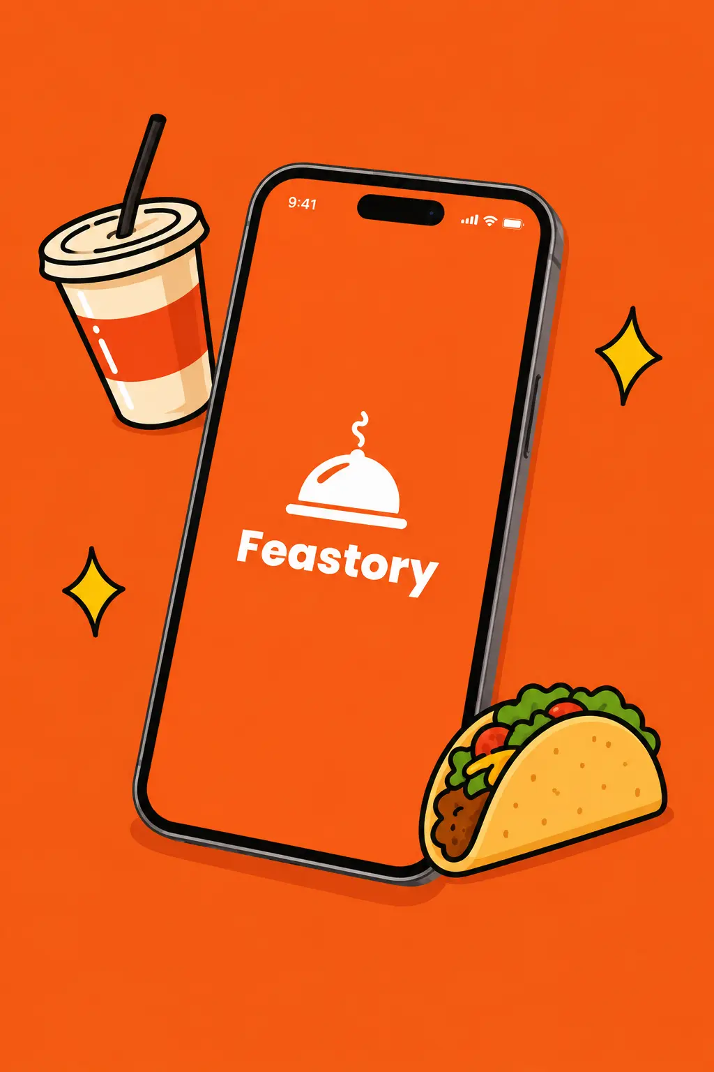 Feastory food delivery splash screen mockup with illustrated drink and taco