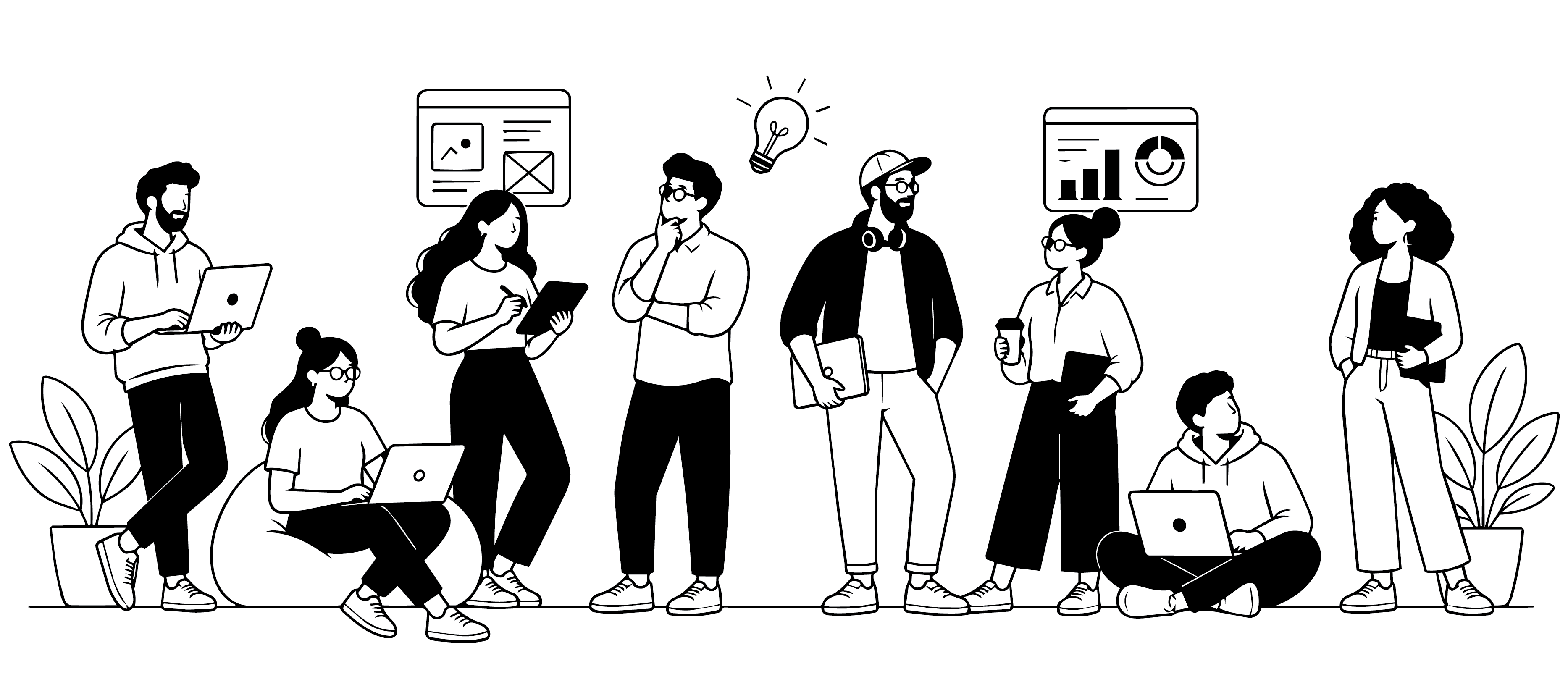 Hand-drawn line art illustration of a creative team brainstorming ideas