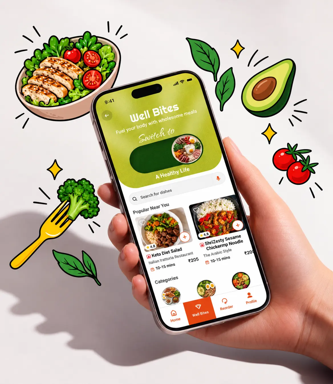 Hand holding smartphone with Well Bites healthy nutrition and meal planning UI